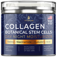 Collagen botanical stem cells day night moisturizer jar with blue label and clear lid.